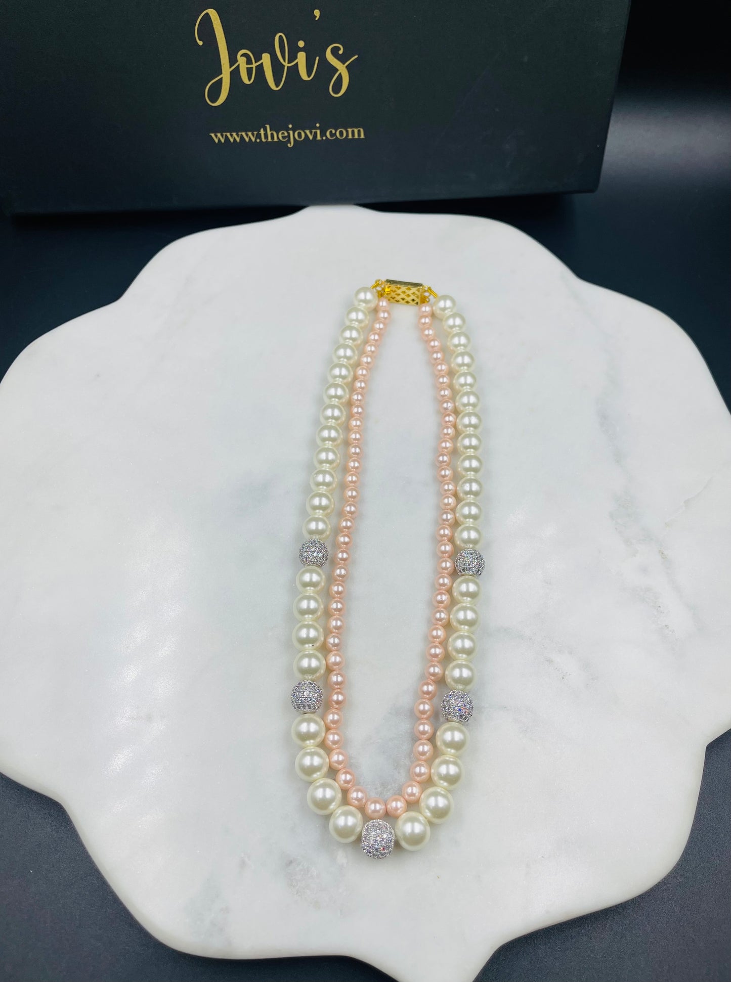 Double Line Pink & White Shell Pearl Necklace with Swarovski Crytals