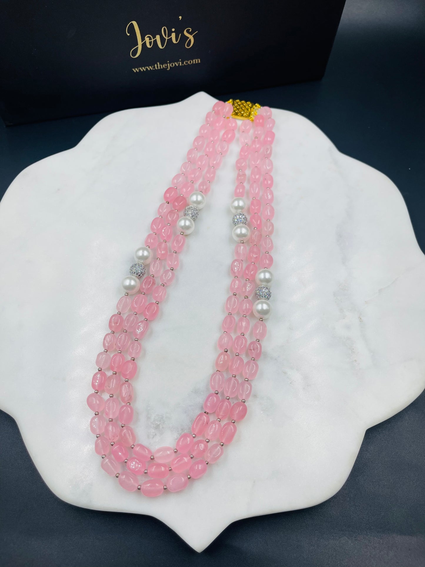 Rose Quartz & Shell Pearl Triple Line Necklace