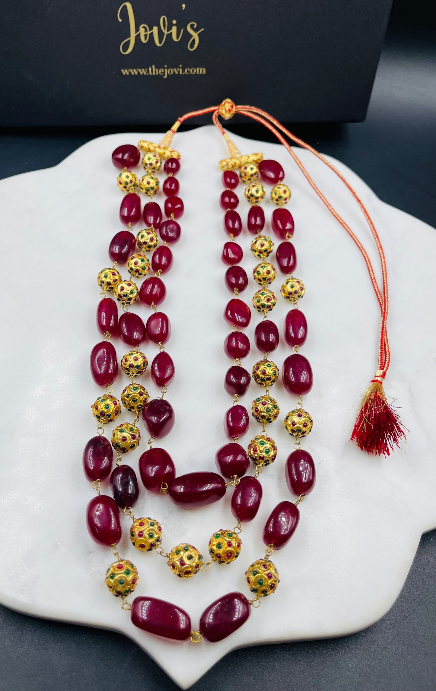 Triple Line Red Jade and Golden Accessories Necklace