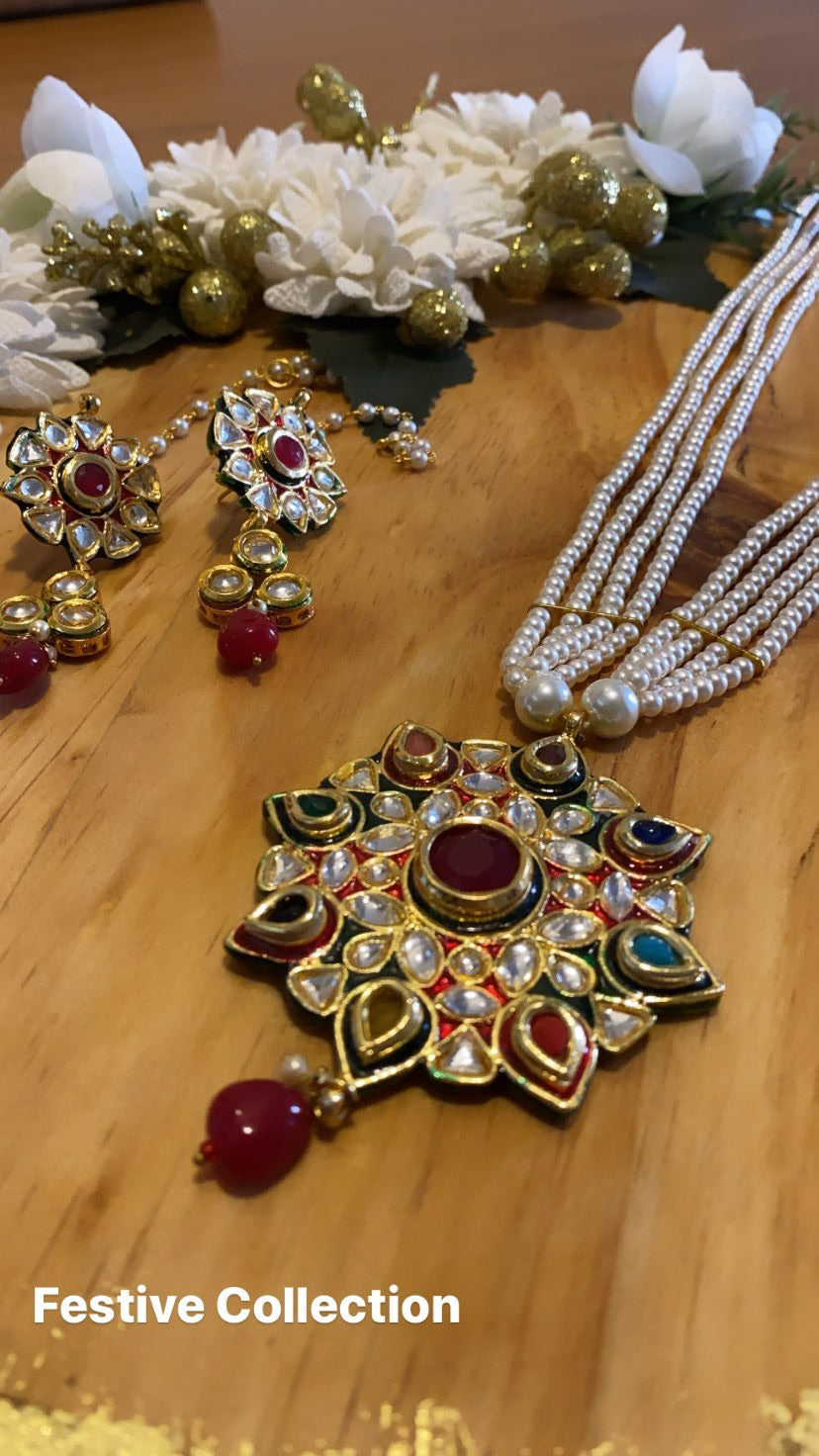 Navratan Kundan and Pearl Statement Necklace