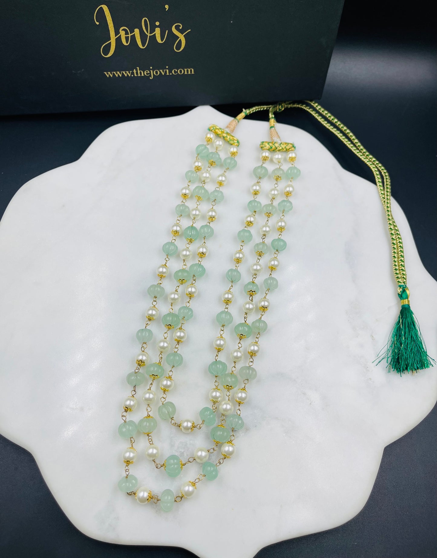 Triple Line Shell Pearls and Green Quartz Melon Beads Necklace