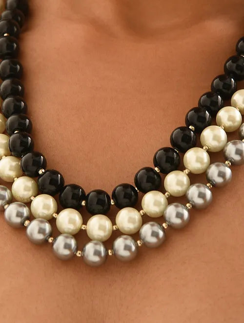 Shell Pearl & Onyx Triple Line Necklace