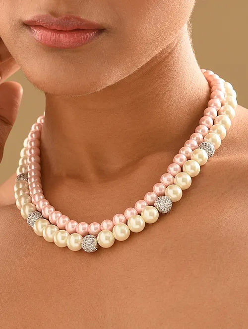 Double Line Pink & White Shell Pearl Necklace with Swarovski Crytals