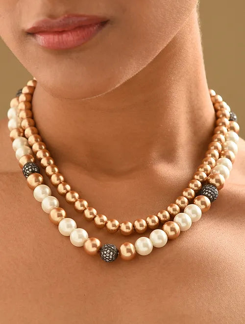 Double Line Shell Pearls Necklace with Crystal Accessories