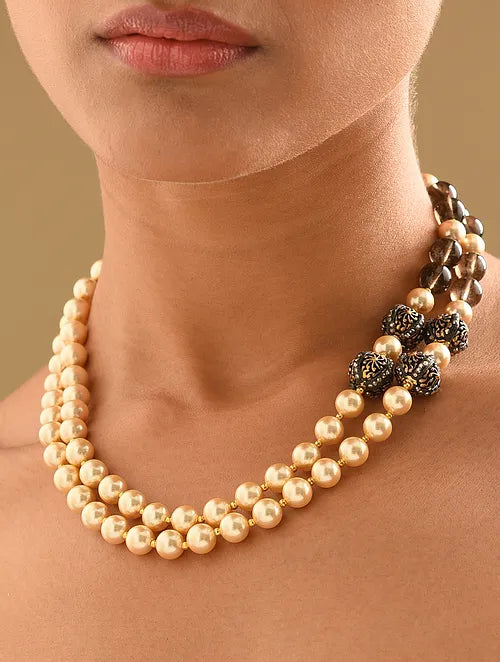 Double Line Shell Pearl and Smoky Topaz Necklace