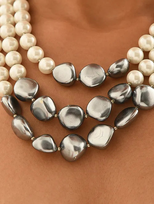 White and Grey Shell Pearls Triple Line Necklace