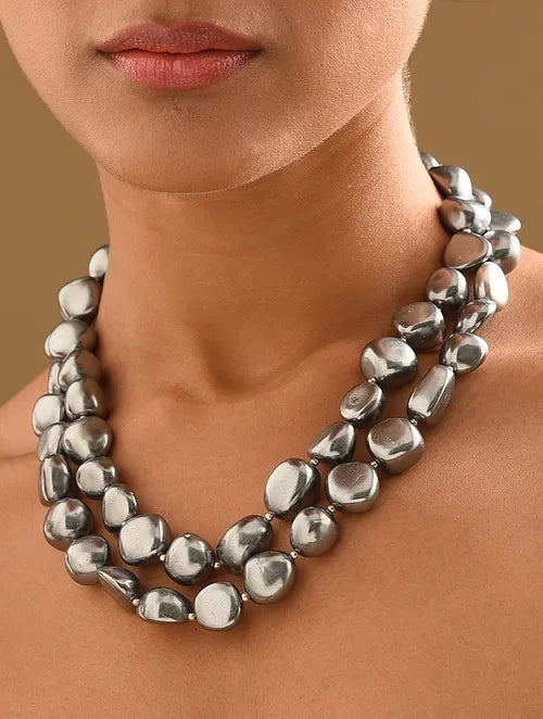 Grey Shell Pearl Double Line Statement Necklace