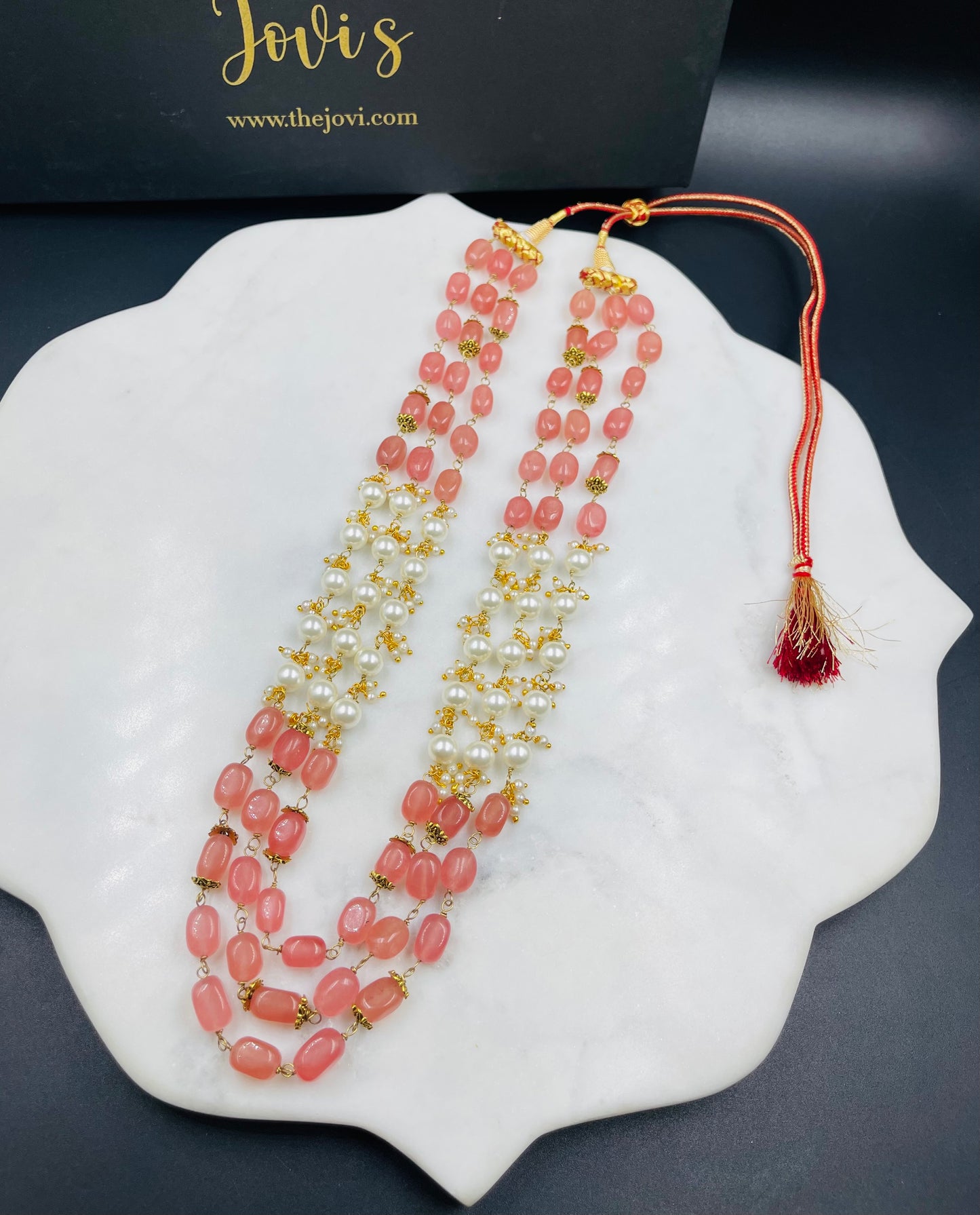 Triple Line Shell Pearls and Pink Quartz Necklace