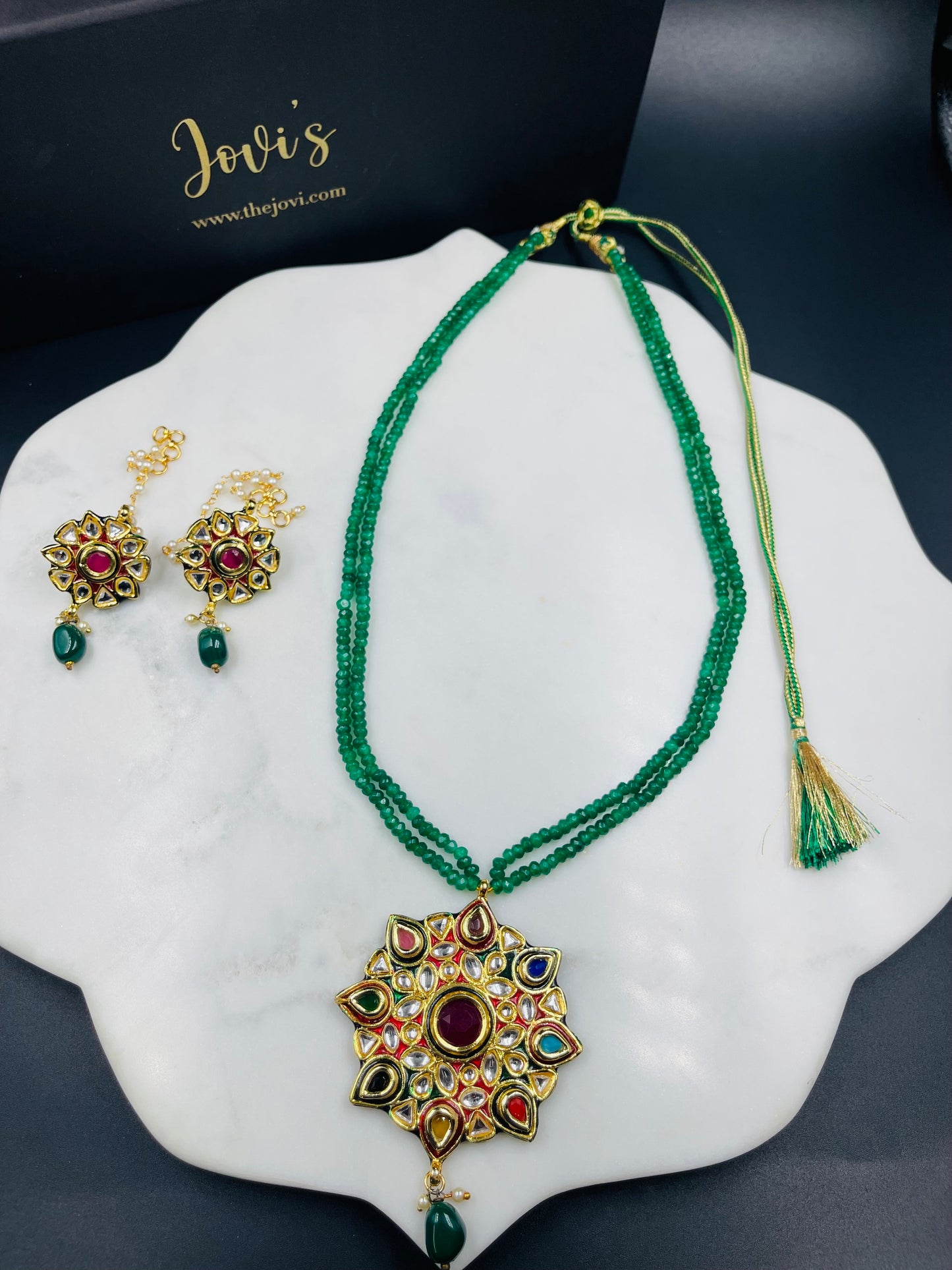 Navratan Kundan & Green Jade Necklace with Earrings