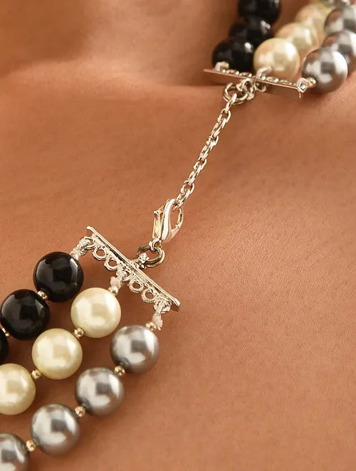 Shell Pearl & Onyx Triple Line Necklace