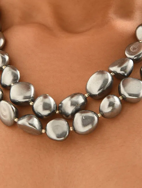 Grey Shell Pearl Double Line Statement Necklace