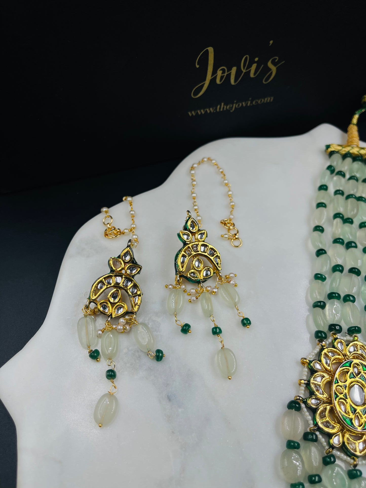 Green Kundan Necklace & Earrings with Mint Quartz & Aventurine Semiprecious Stones