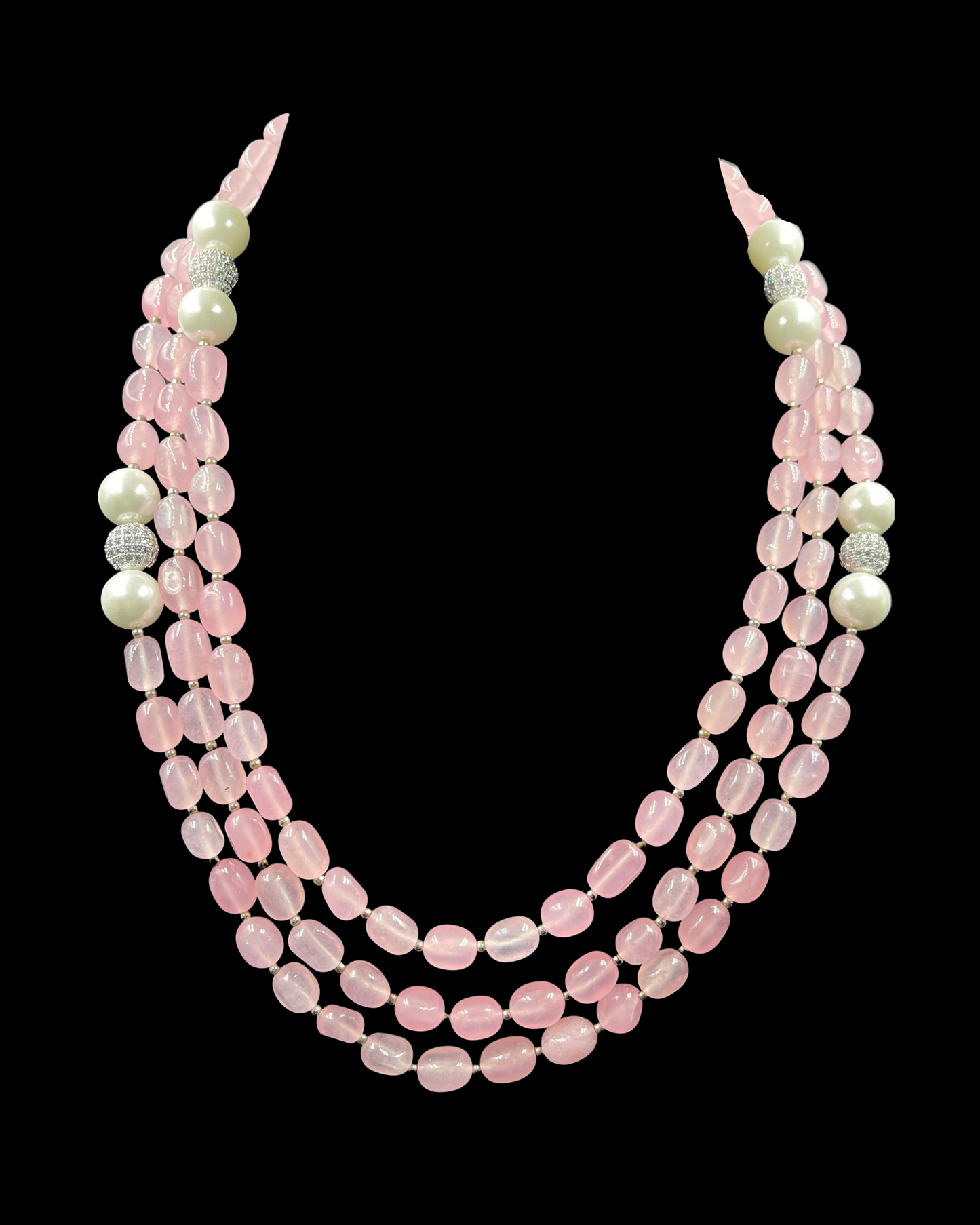 Rose Quartz & Shell Pearl Triple Line Necklace