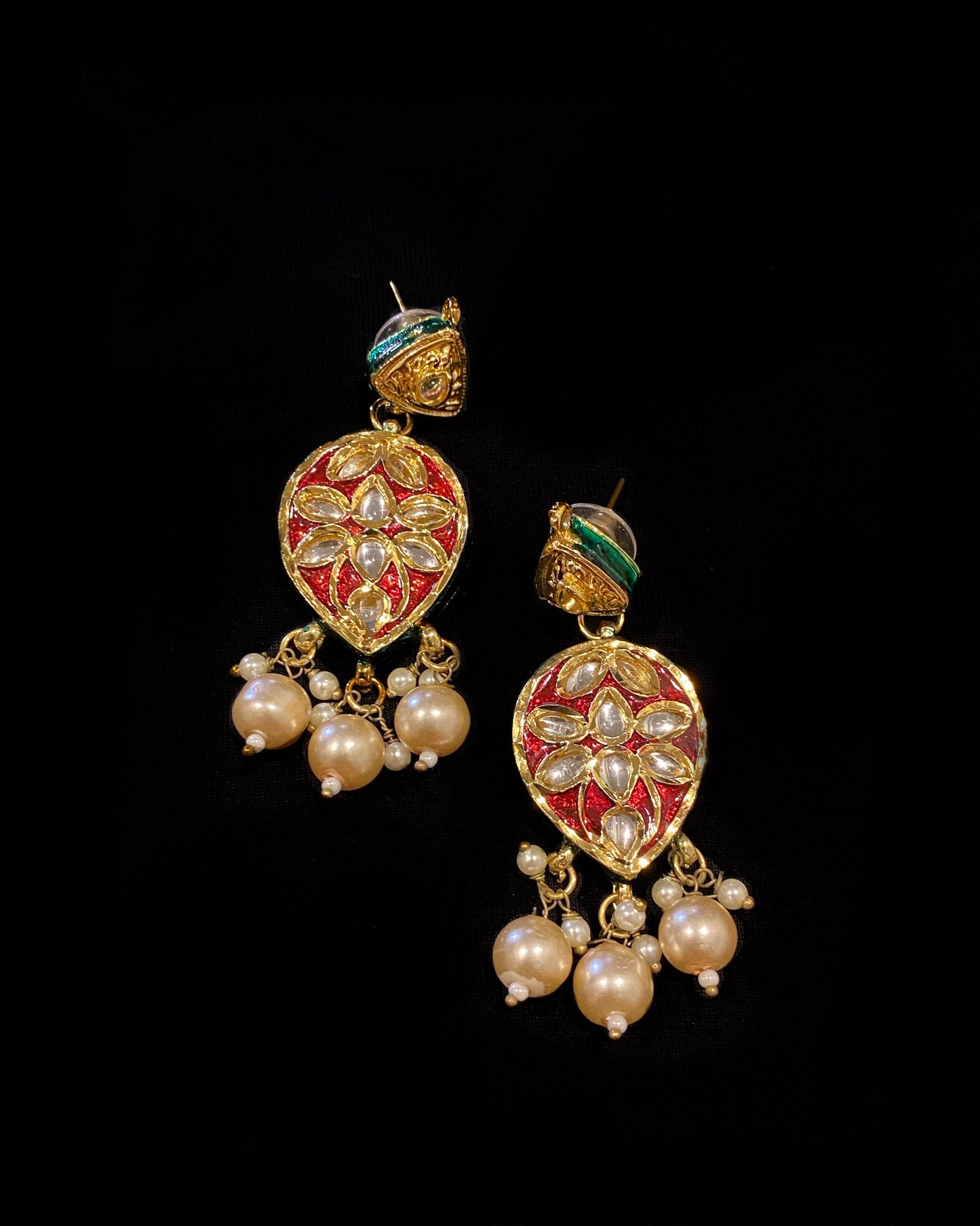 Pearls and Red Kundan Traditional Long Necklace and Earrings