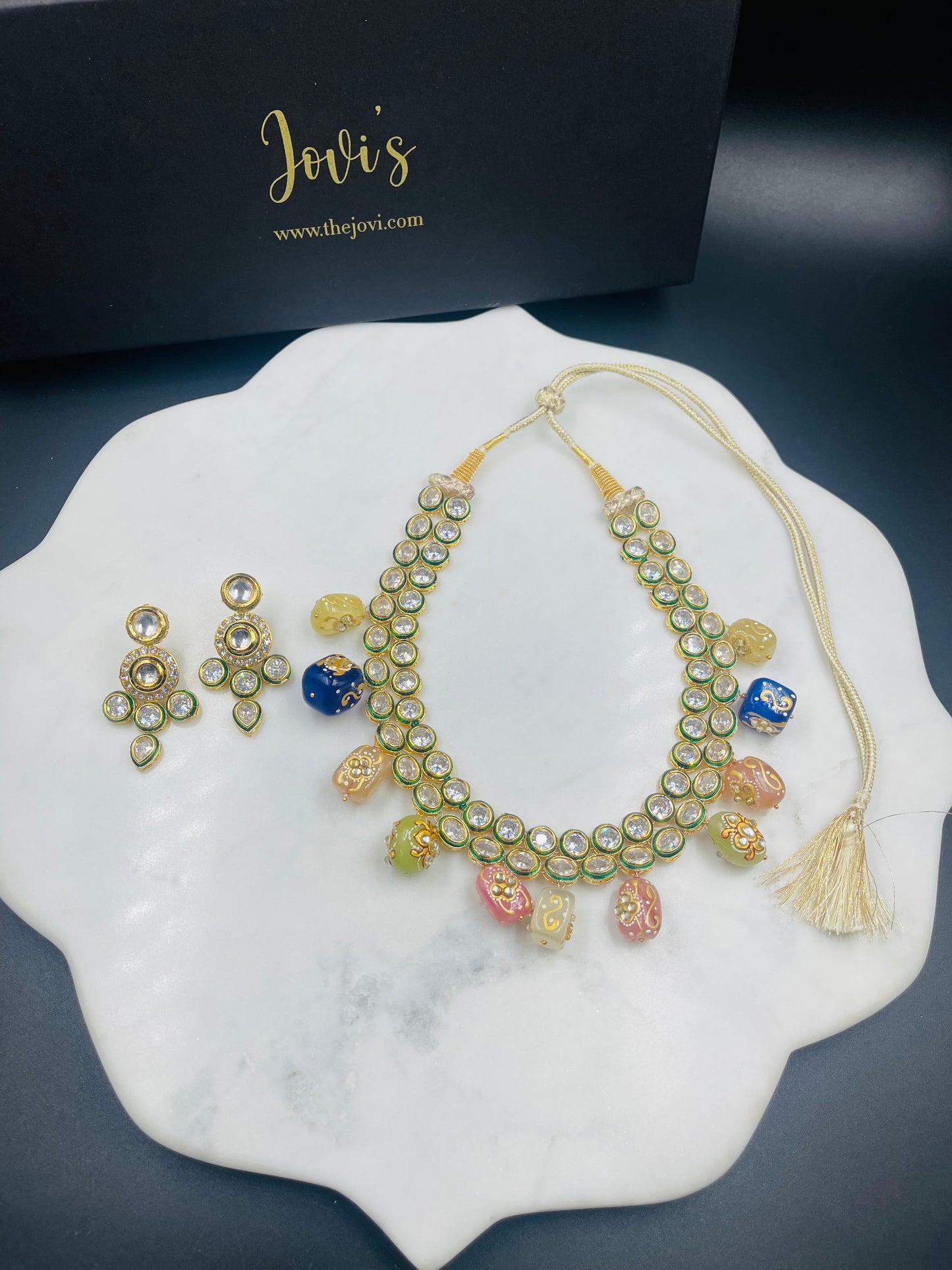 Polki Necklace and Earrings with Meenakari Beads