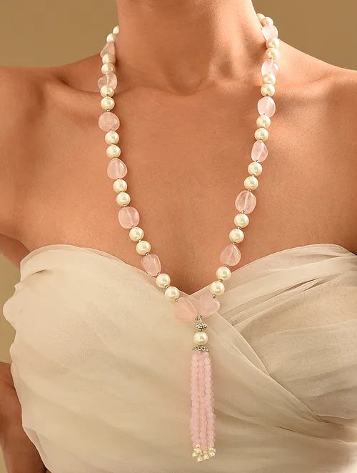 Pink Quartz and Pearl Necklace with Tassels