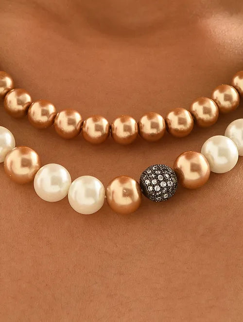 Double Line Shell Pearls Necklace with Crystal Accessories