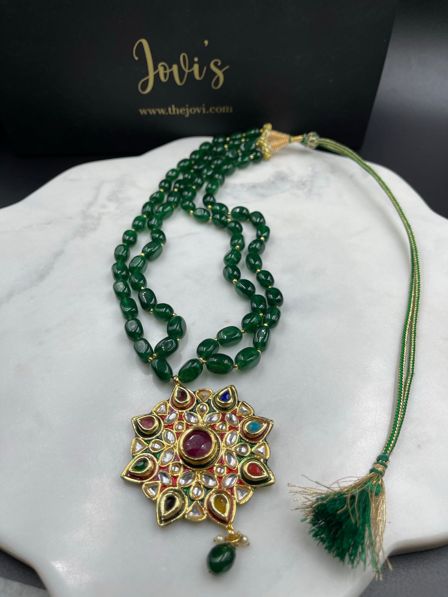 Navratan Pendant with Green Quartz Semi Precious Stones Necklace with Earrings