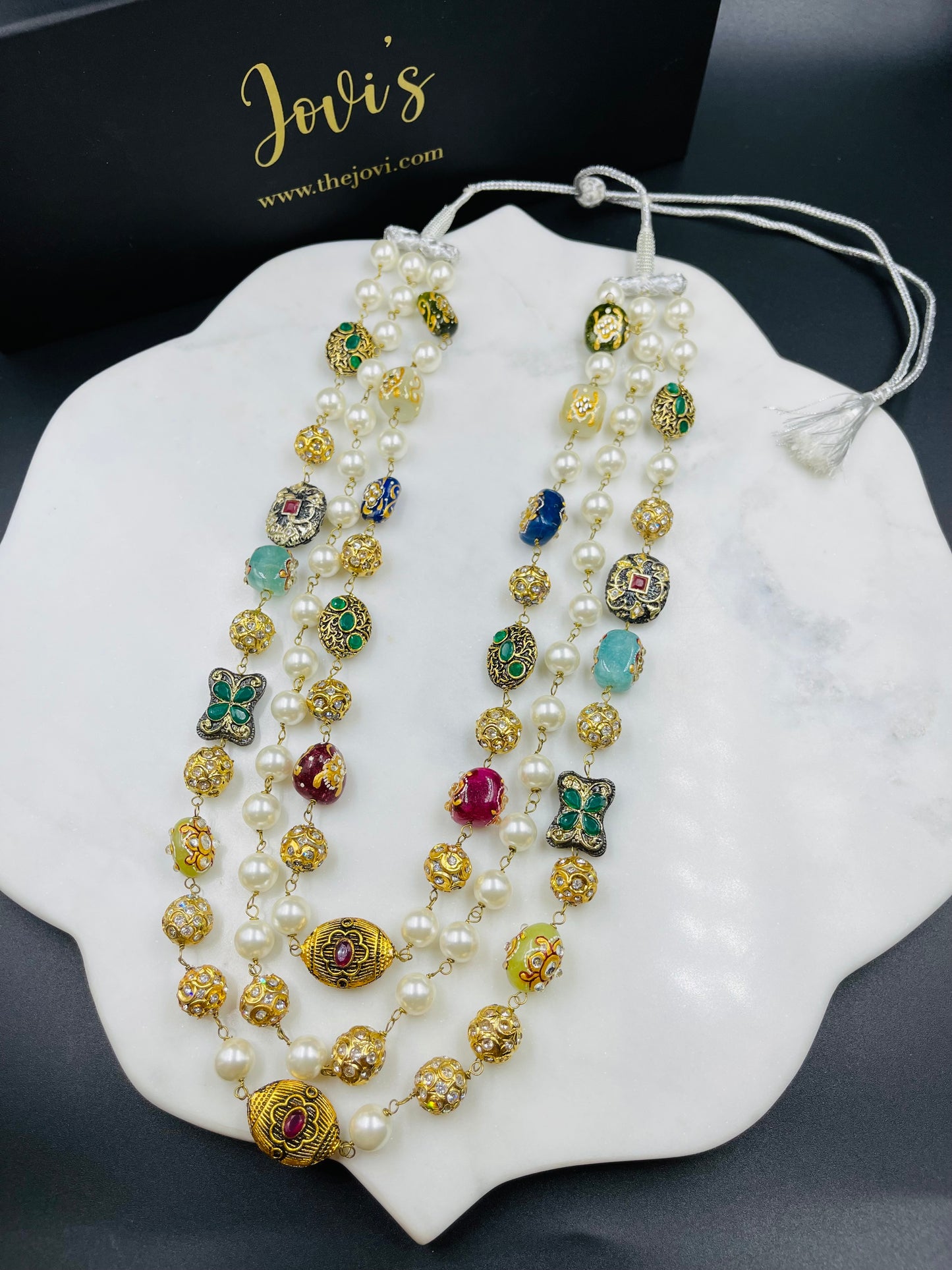 Shell Pearls and Meenakari Triple Line Necklace