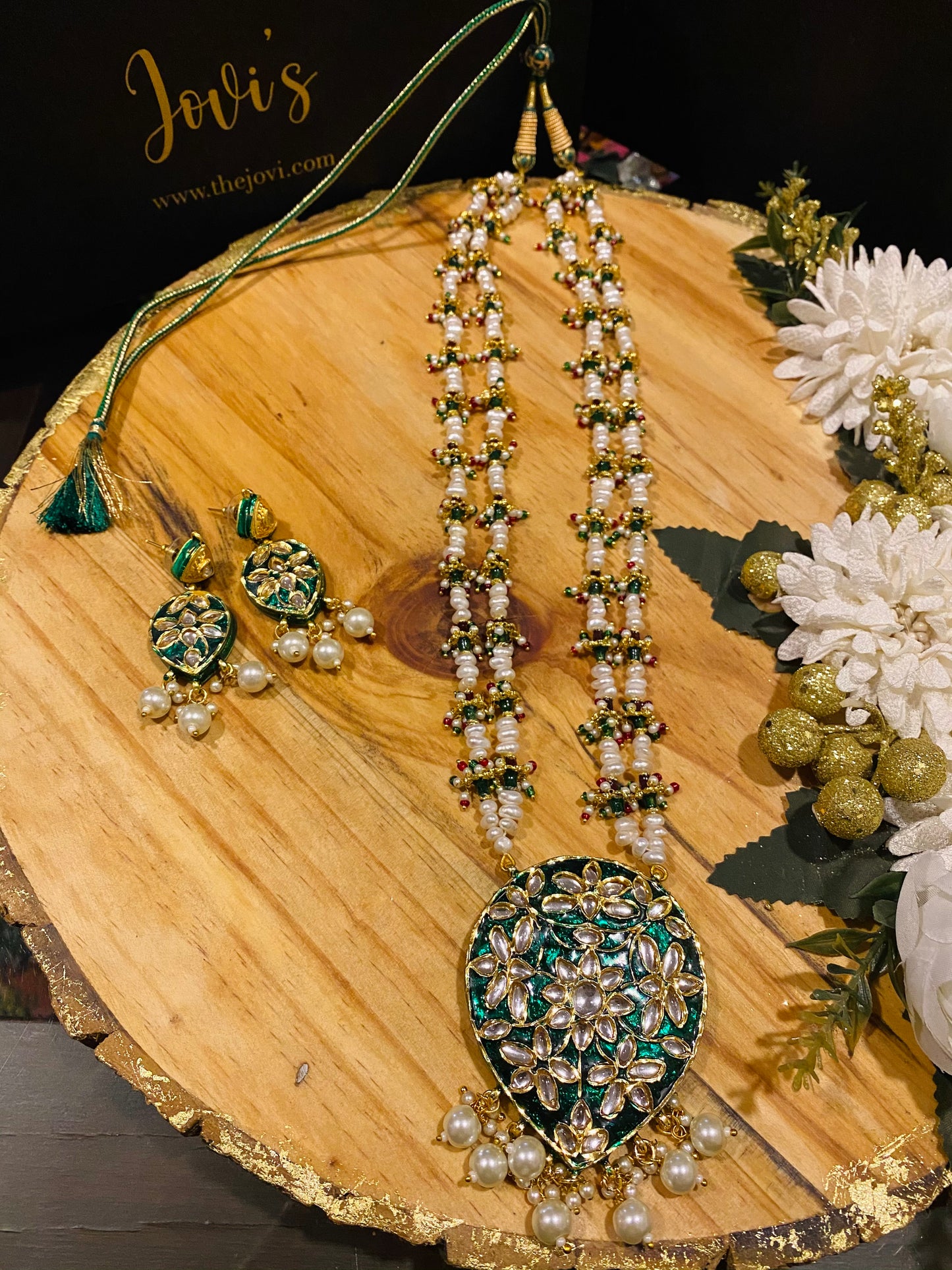 Pearls and Green Kundan Traditional Long Necklace and Earrings