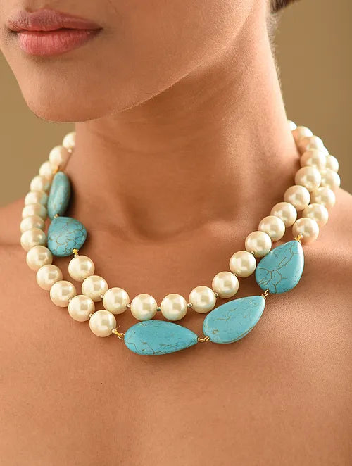 Shell Pearl & Turquoise Double Line Statement Necklace