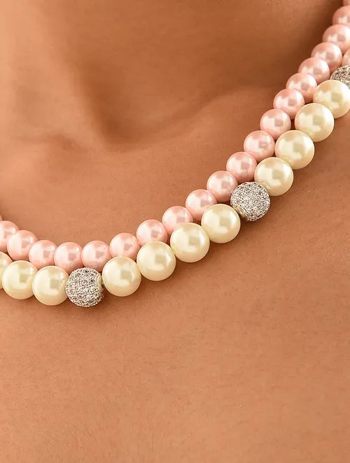 Double Line Pink & White Shell Pearl Necklace with Swarovski Crytals